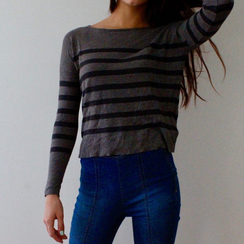 LOFT Grey Striped Sweater with Buttons on the Back